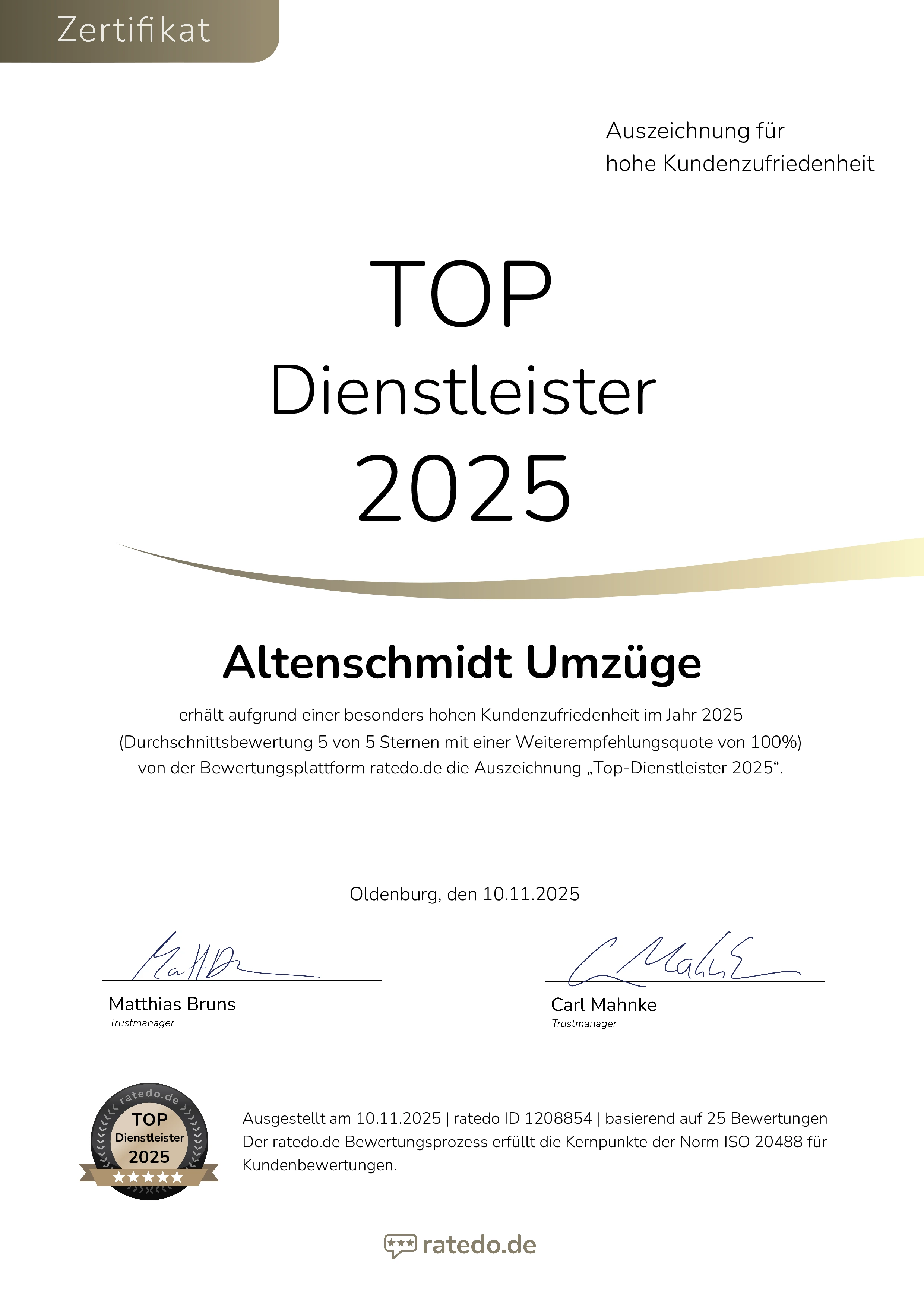 Ratedo A4 Zertifikat für Altenschmidt Umzüge Essen